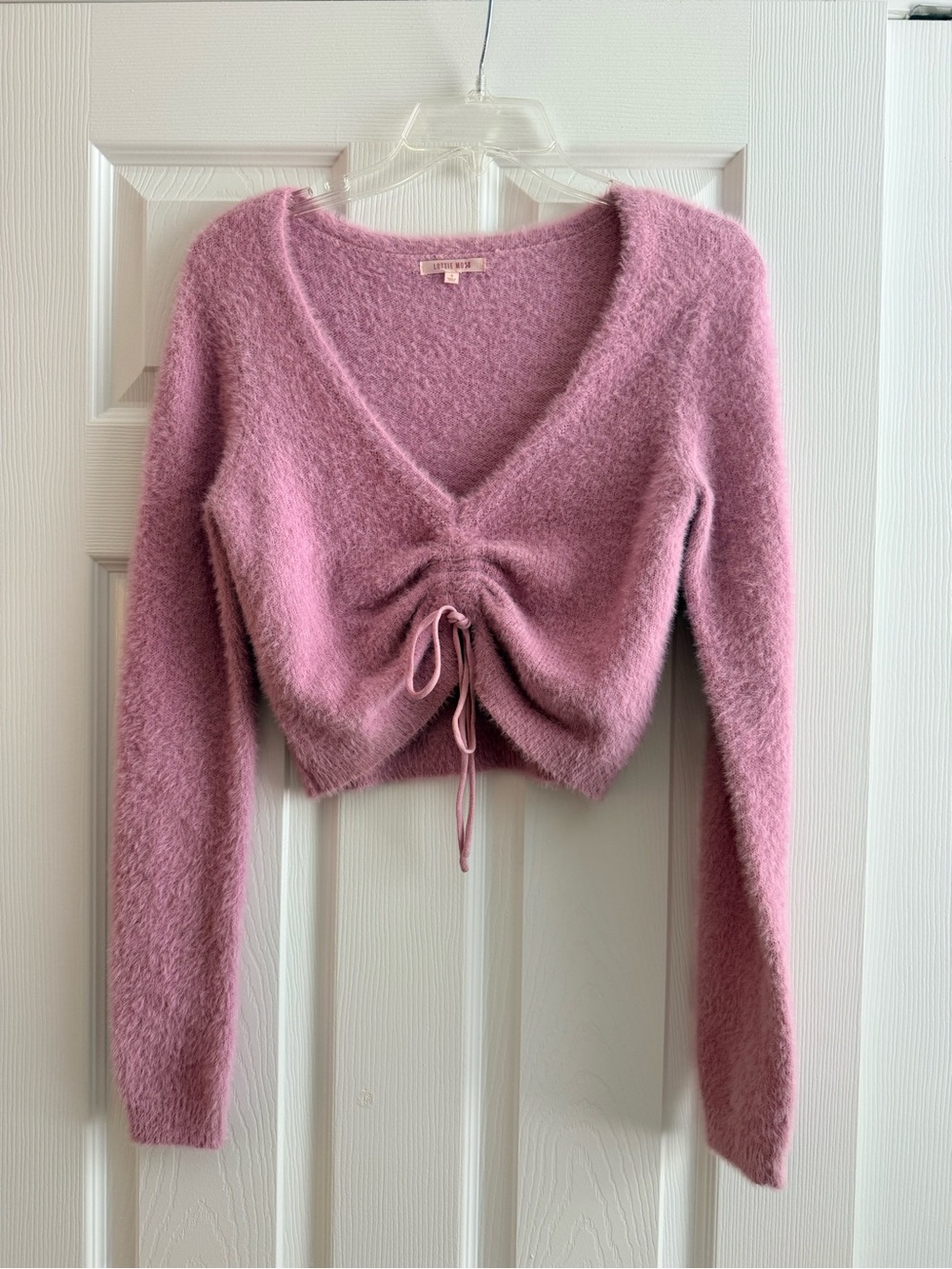 Lottie Moss Pink Ruched V-Neck Fuzzy Sweater